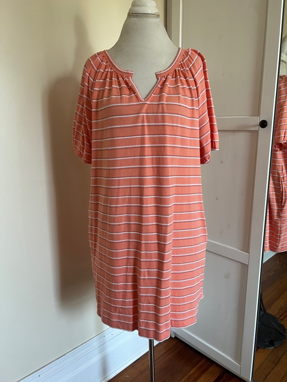 LOFT Coral White Striped Textured Cotton Notch Neck Shift Dress Pockets LP